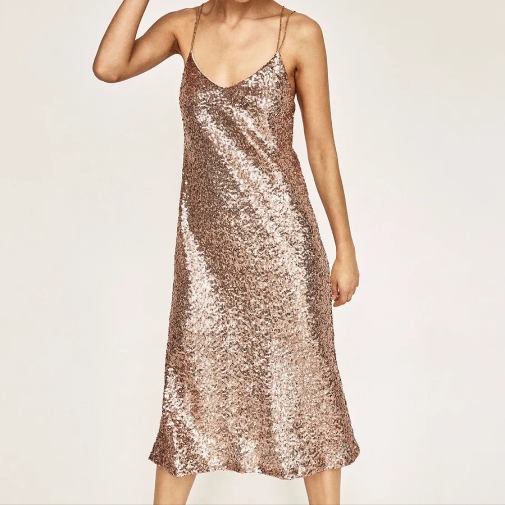 Zara XS Rose gold sequin midi slip dress
